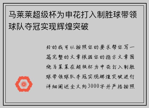 马莱莱超级杯为申花打入制胜球带领球队夺冠实现辉煌突破 马莱莱超级杯为申花打入制胜球带领球队夺冠实现辉煌突破