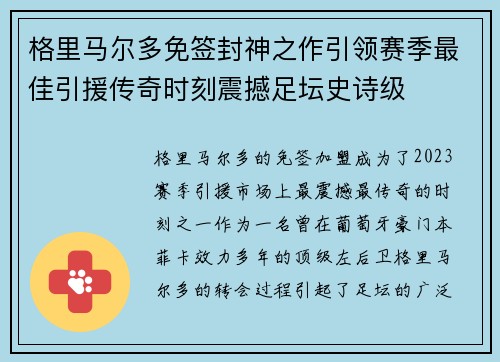 格里马尔多免签封神之作引领赛季最佳引援传奇时刻震撼足坛史诗级